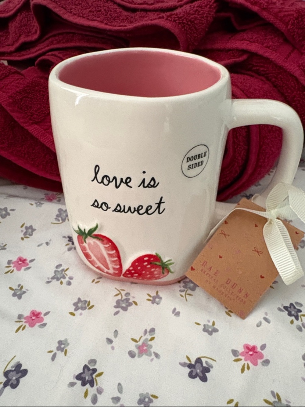 Rae Dunn Cream Mug with Pink Interior and Strawberry Accent